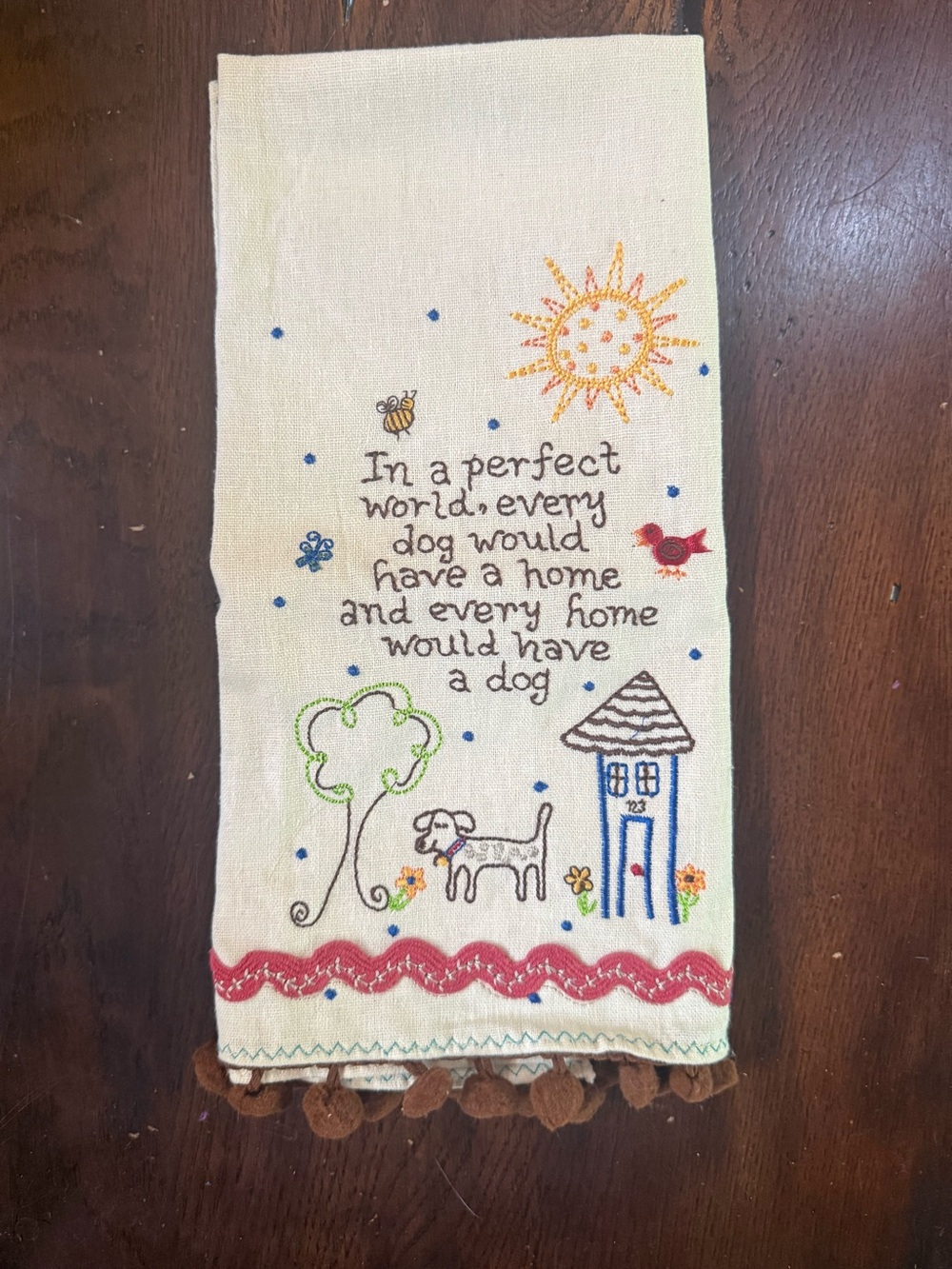 NATURAL LIFE Cream Embroidered Dog & Home Hand Towel with Multicolor Accents